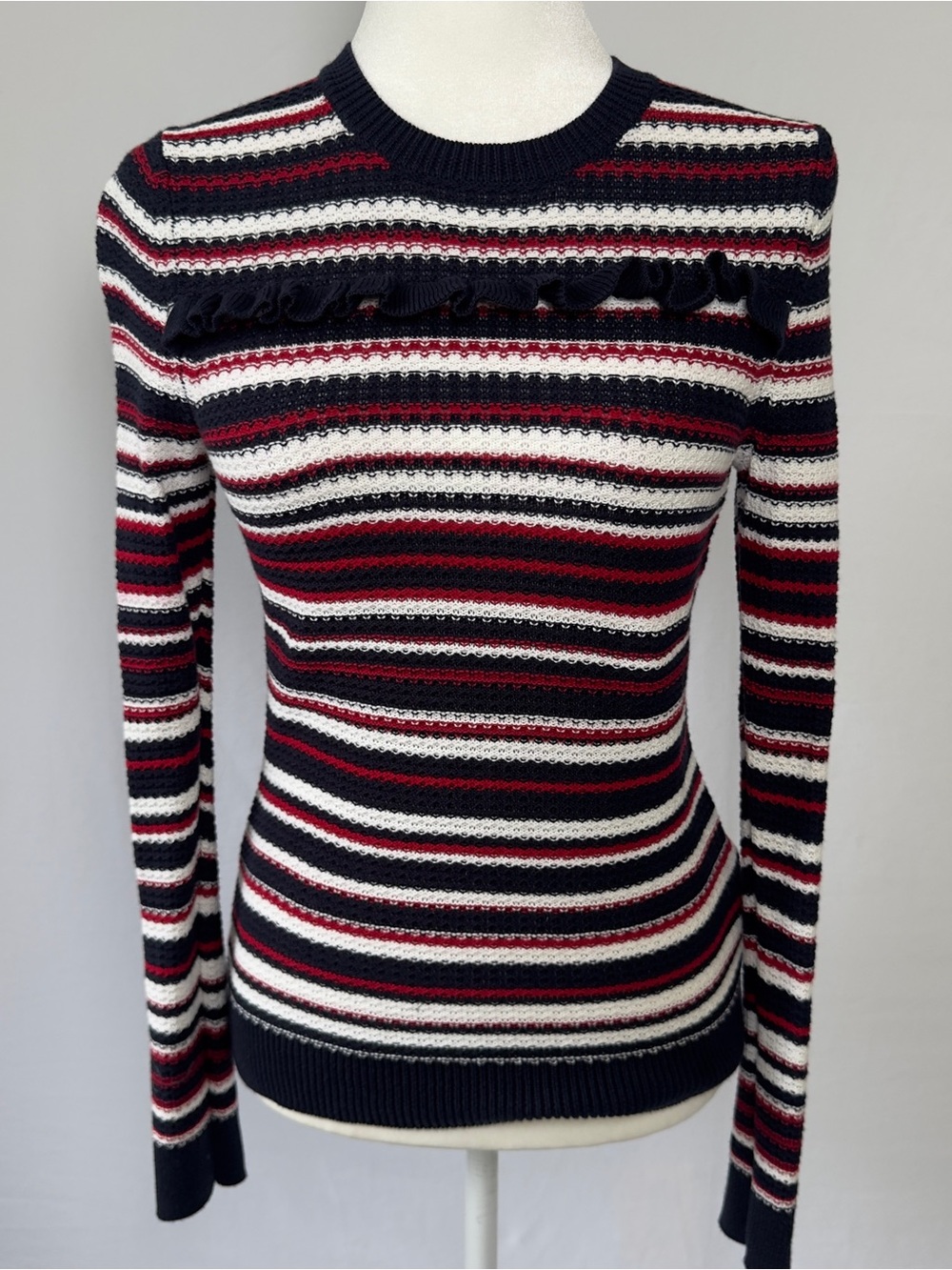 Brooks Brothers Red Fleece Striped Ruffle Sweater XS Navy Red White Cotton